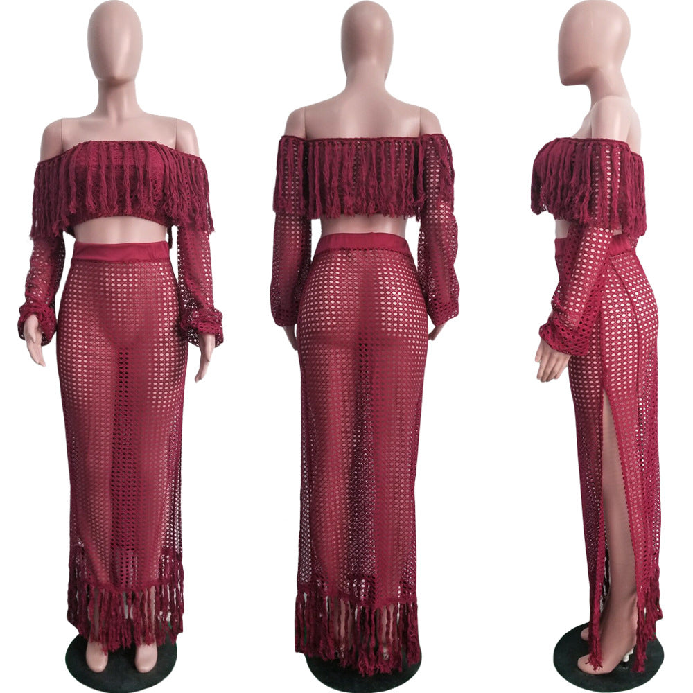 Summer Hollow Sexy Fashion Mesh Tassel See-Through Two-Piece Skirt Set 10