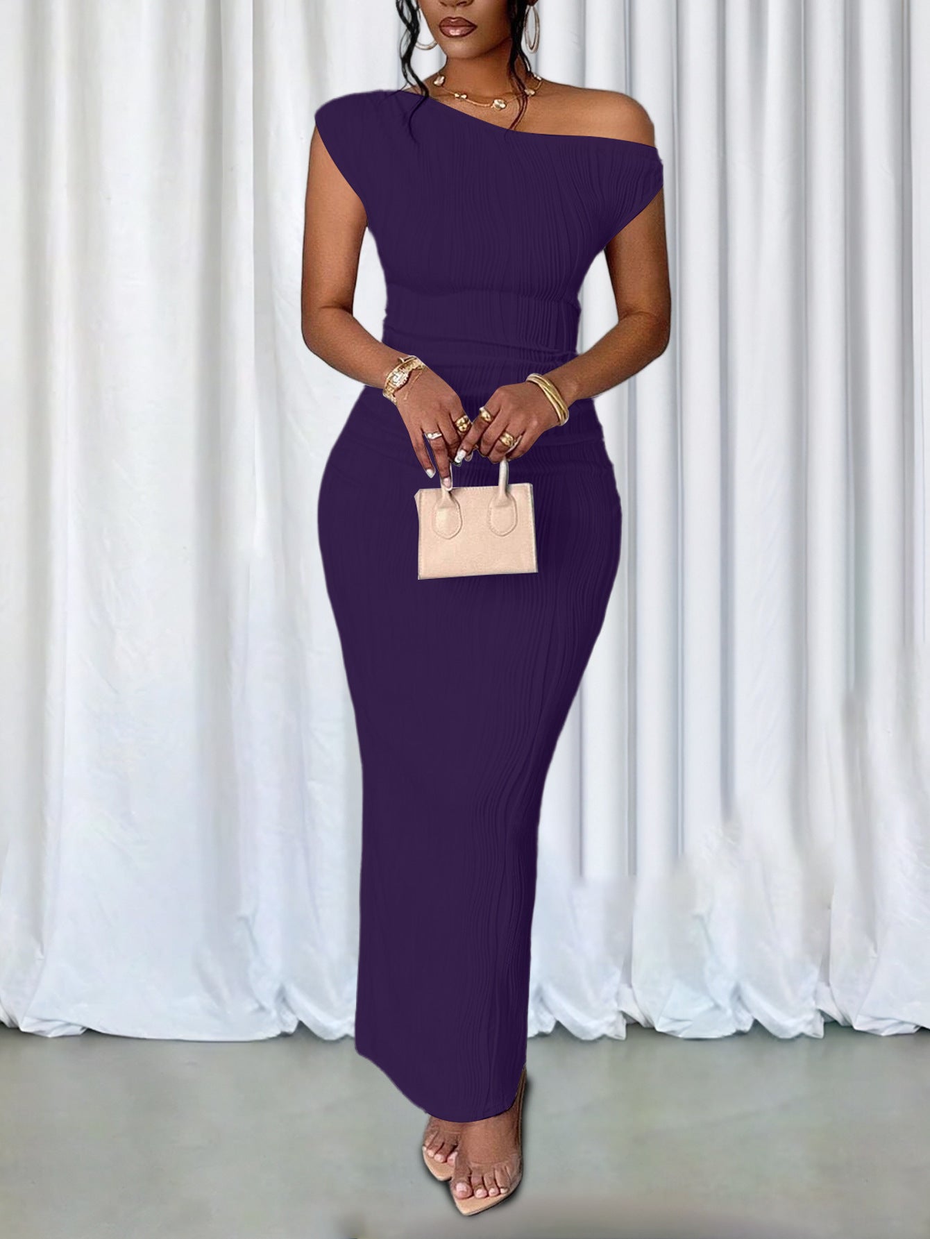 Fashion Ripple Slash Shoulder Slim Long Dress 26