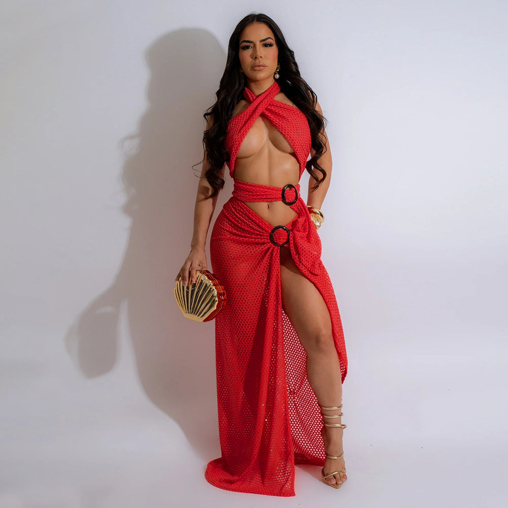 Sexy Halter Neck Mesh Slim High Slit Fashion Solid Color Long Dress 15