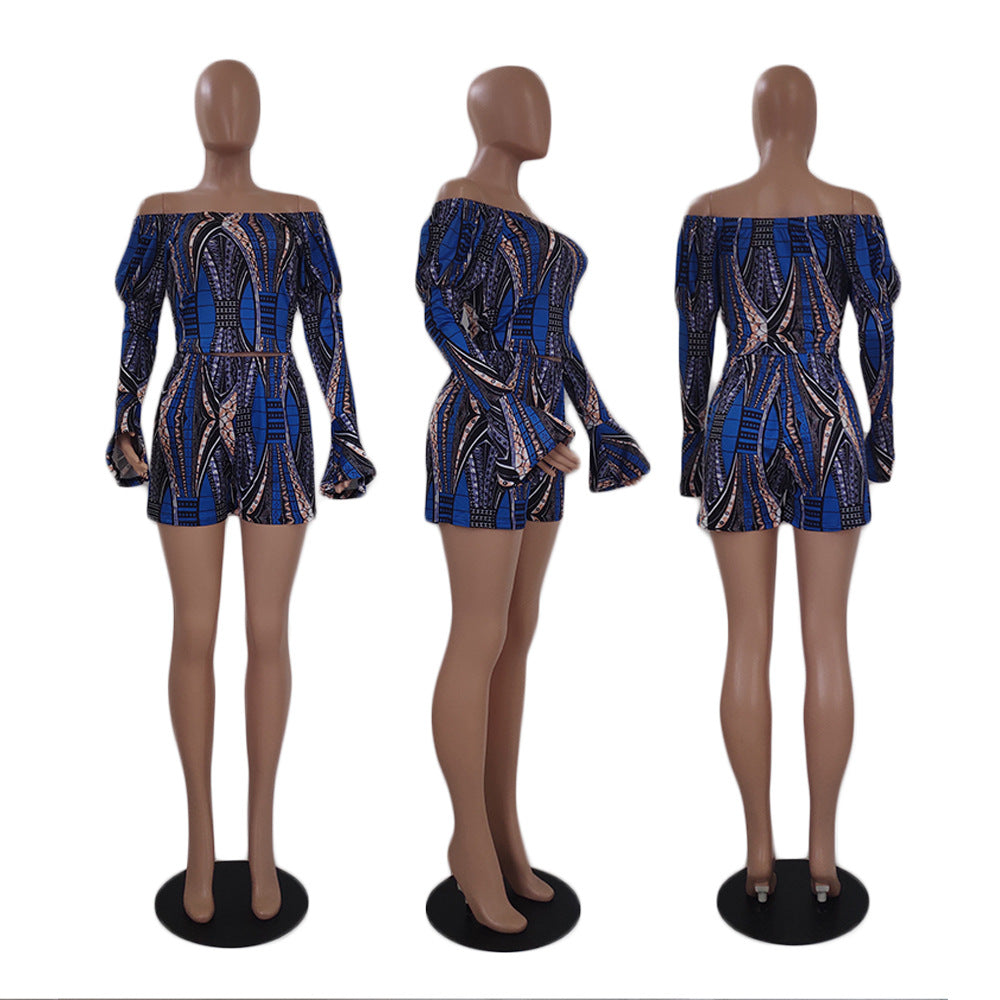 Summer Sexy Blue Long Sleeve Printed Fashion Casual Shorts Set 10