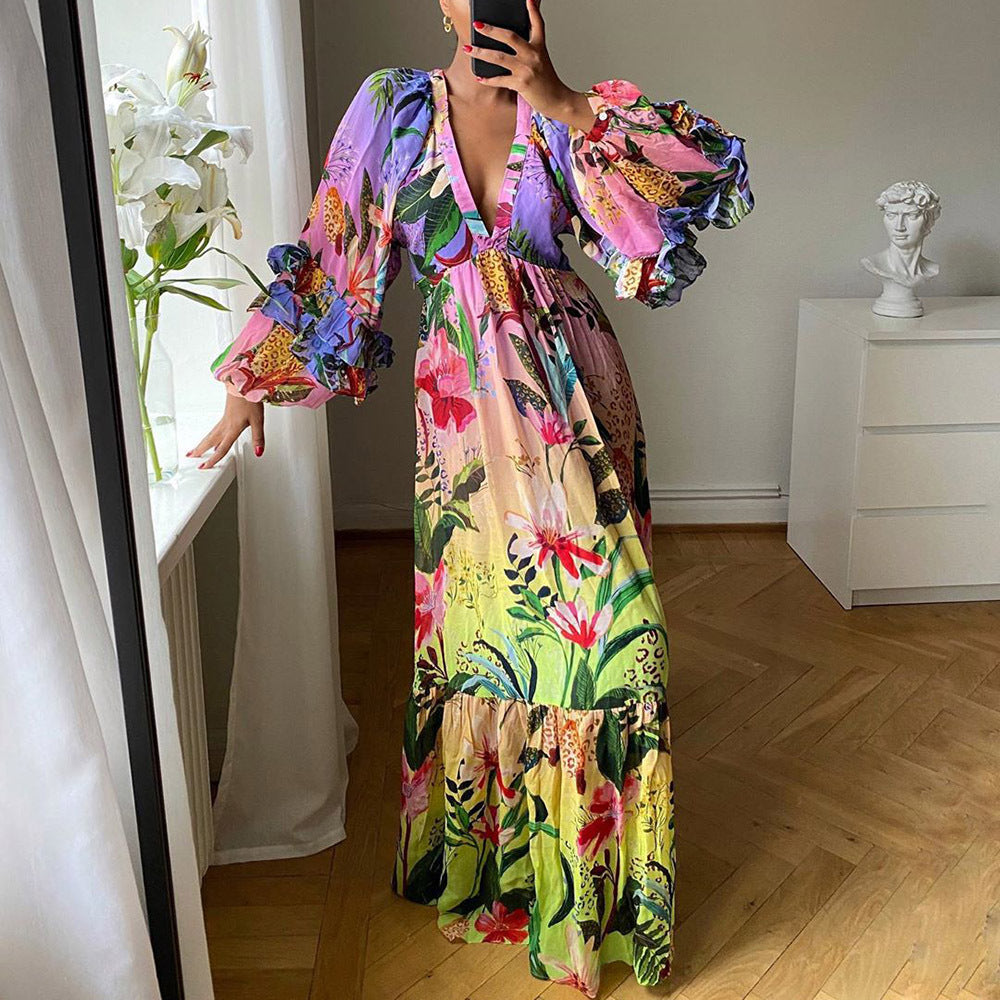 Women summer printed gradient ruffled v-neck sexy Maxi dress 3