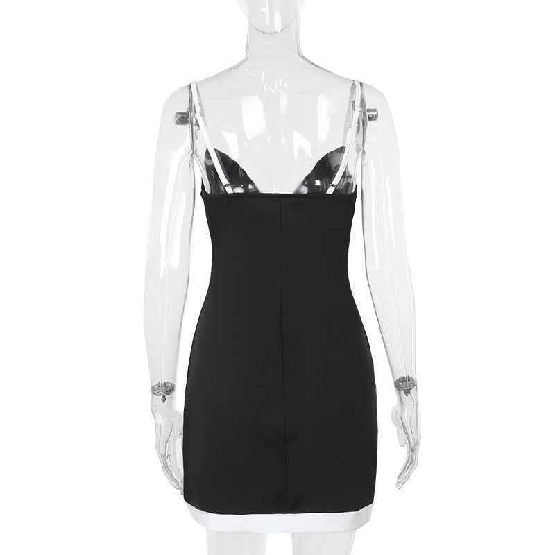 Women sexy contrast color V-neck suspender dress 8
