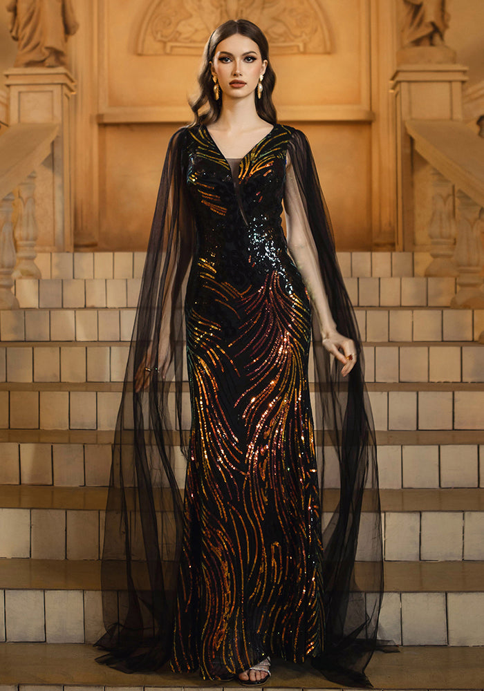 Women's Luxury V-Neck Long Sleeve Slim Waist Sequin Mesh Formal Party Evening Dress