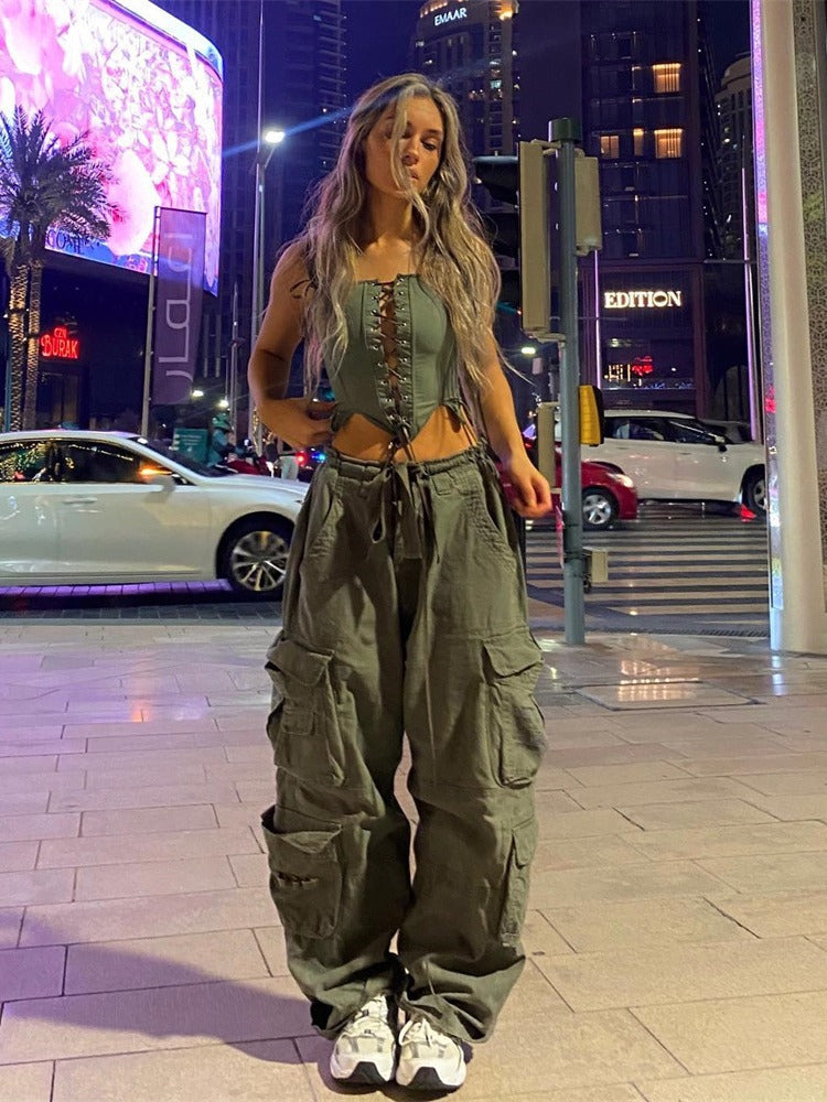 Casual Street Trend Woven Wide-Leg Casual Pants Multiple Pockets Design Cargo Pants For Women 4