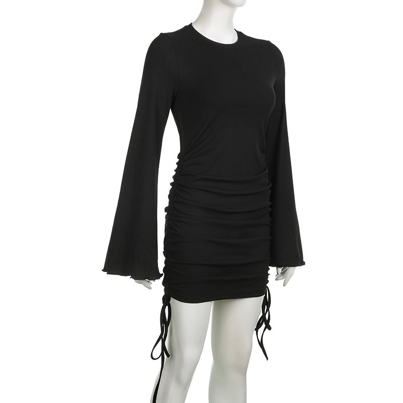 Autumn Round Neck Bell Bottom Long-Sleeved Drawstring Elegant Knitting Dress 12