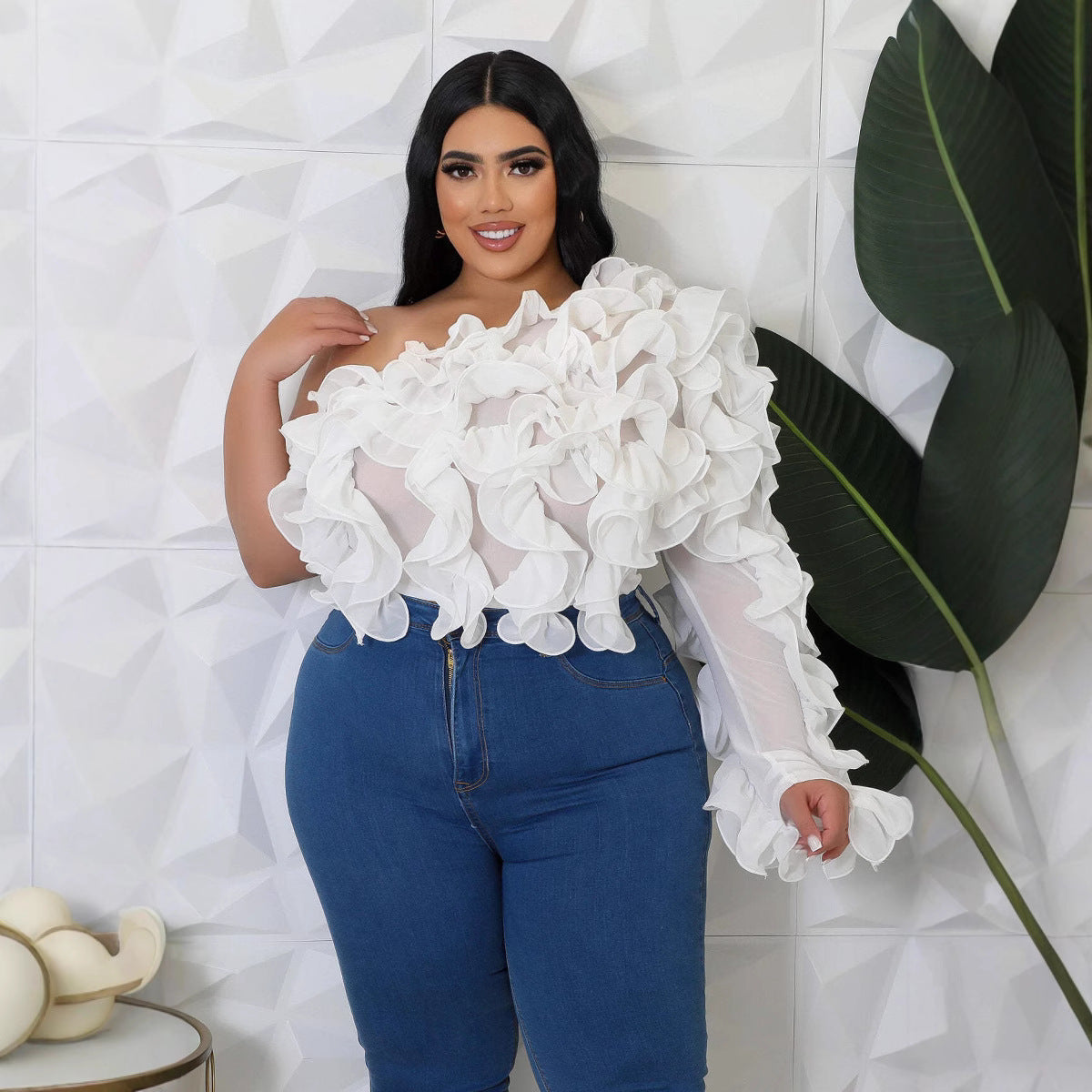 Plus Size Women's Slash Shoulder Long-Sleeved Sexy Solid Color See-Through Mesh Top 8