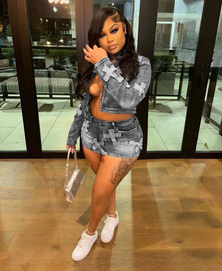 Spring Embroidered Denim Jacket Skirt Suit 18