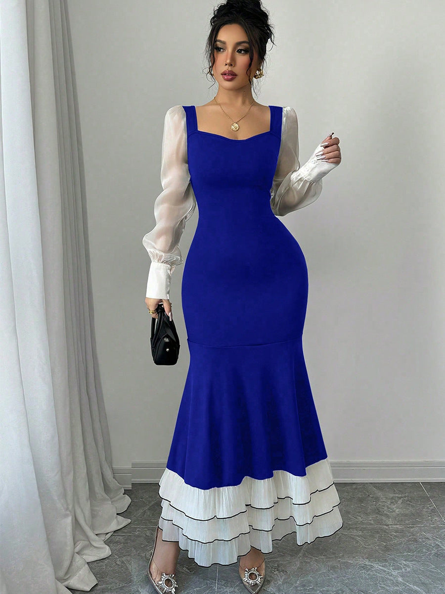 Women autumn long-sleeved contrast color fishtail dress 7