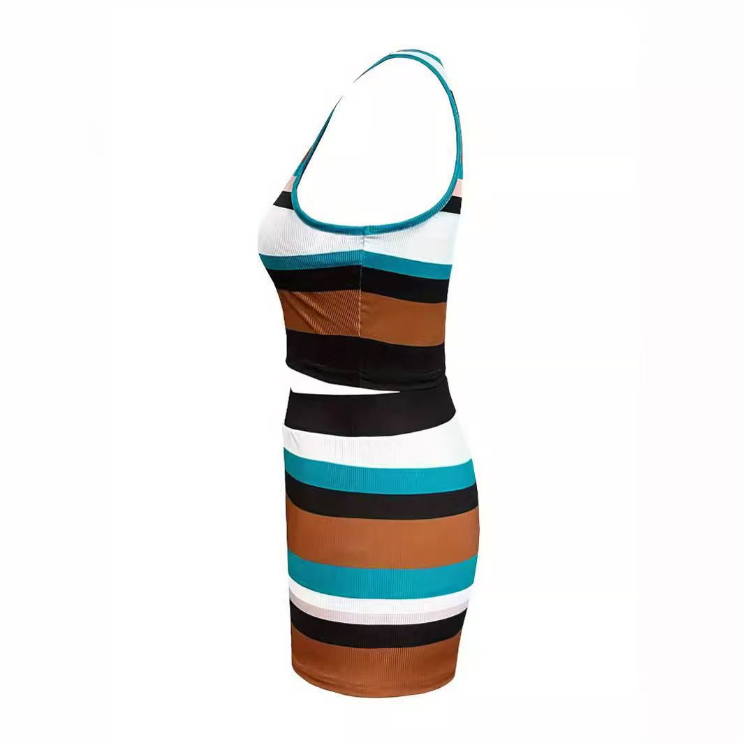 Women spring and autumn knitting striped vest and shorts two-piece set 5