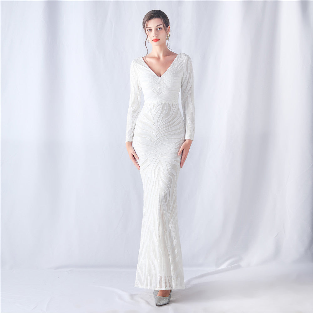 Women colorful sequined long-sleeved evening dress