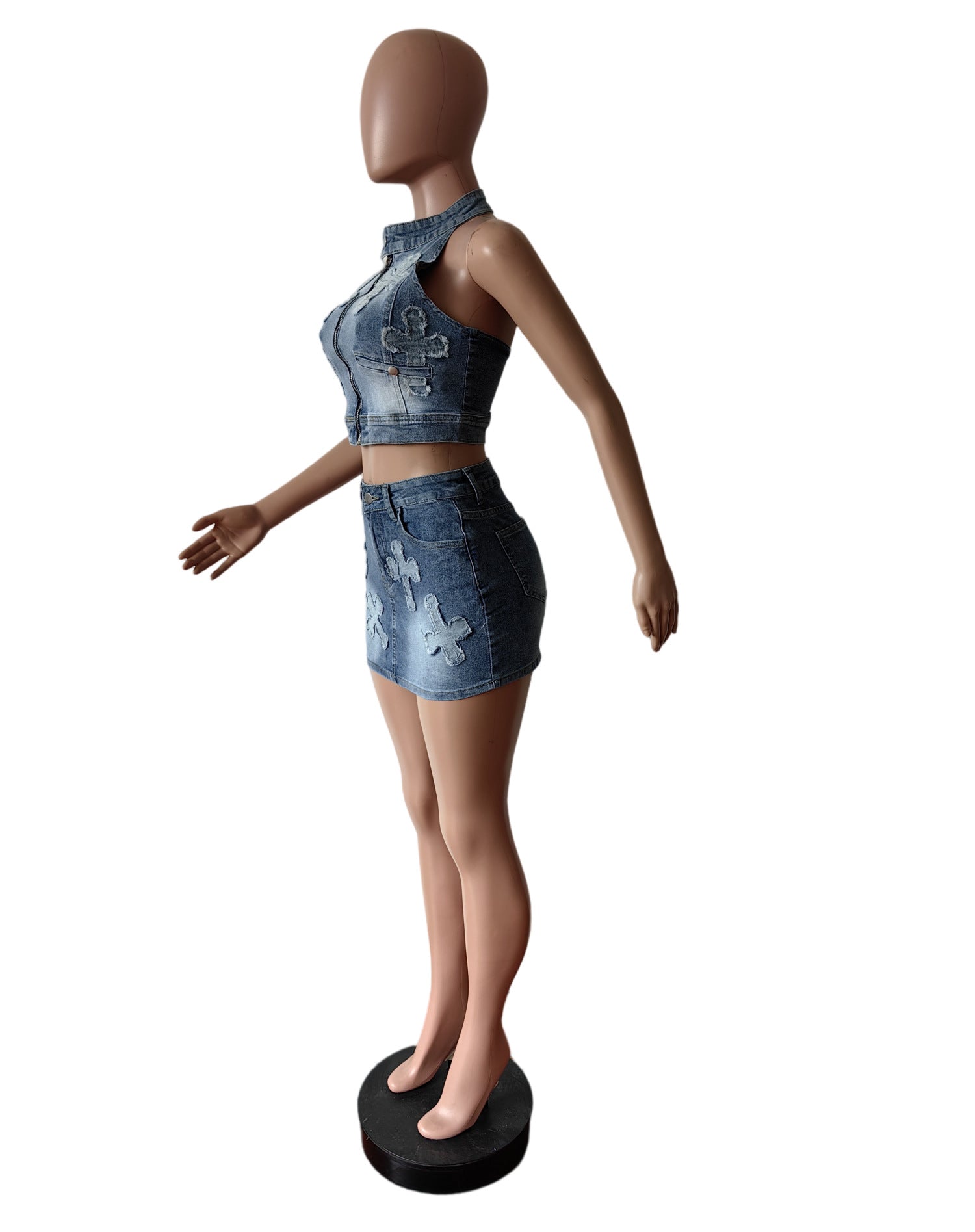 Women Stretch Embroidered Denim Vest And Mini Skirt Two-piece Set 6