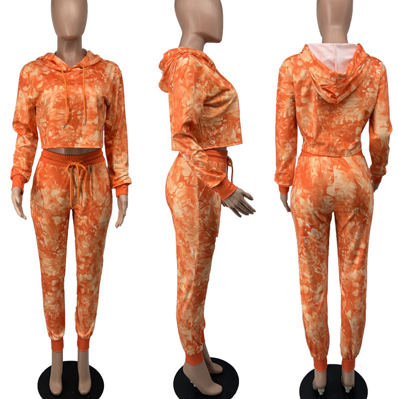 Tie Dye Hooded Sports Long Sleeve Loose Hoodies Pants Two Piece Set 14