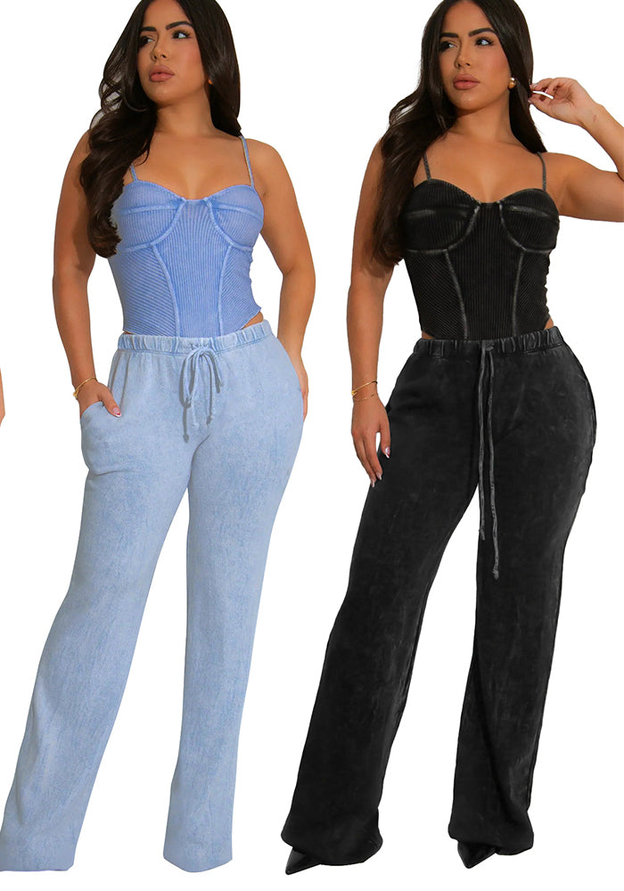 Women Sexy Cotton Washed Strapless Top and Pant Two-Piece Set
