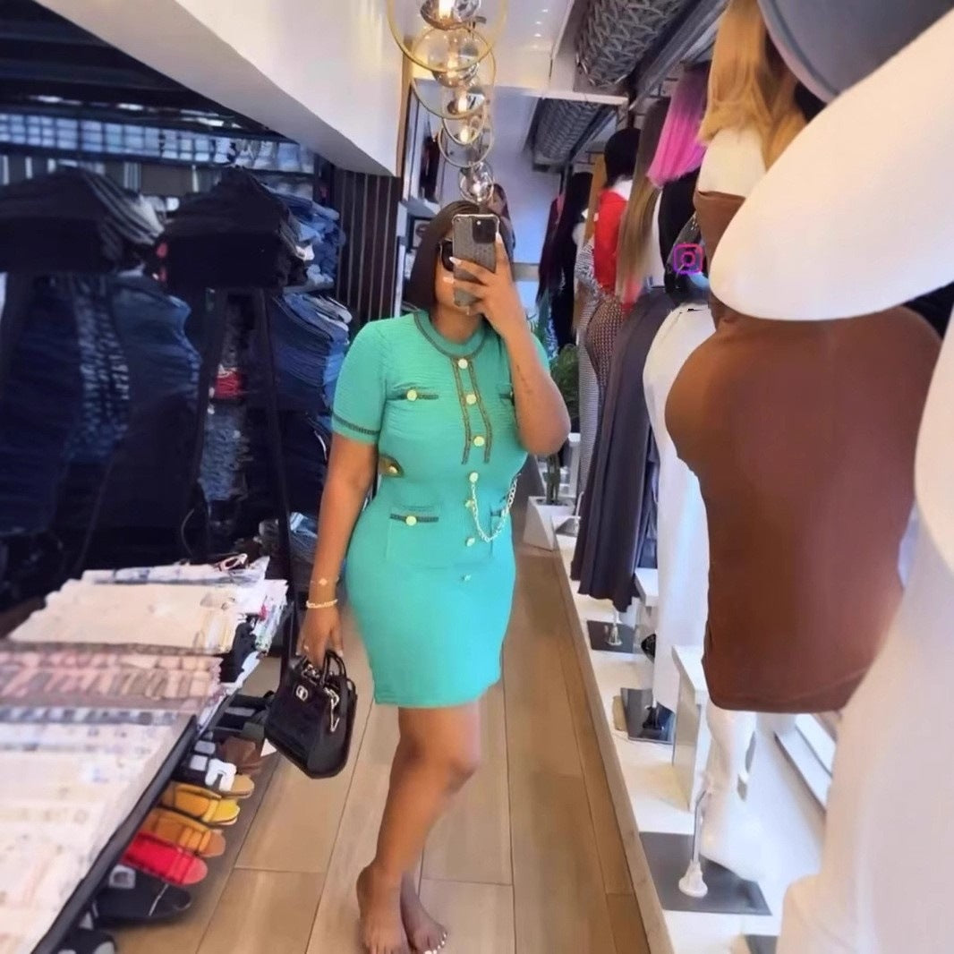 Women Short Sleeve Button Knitting Dress 5