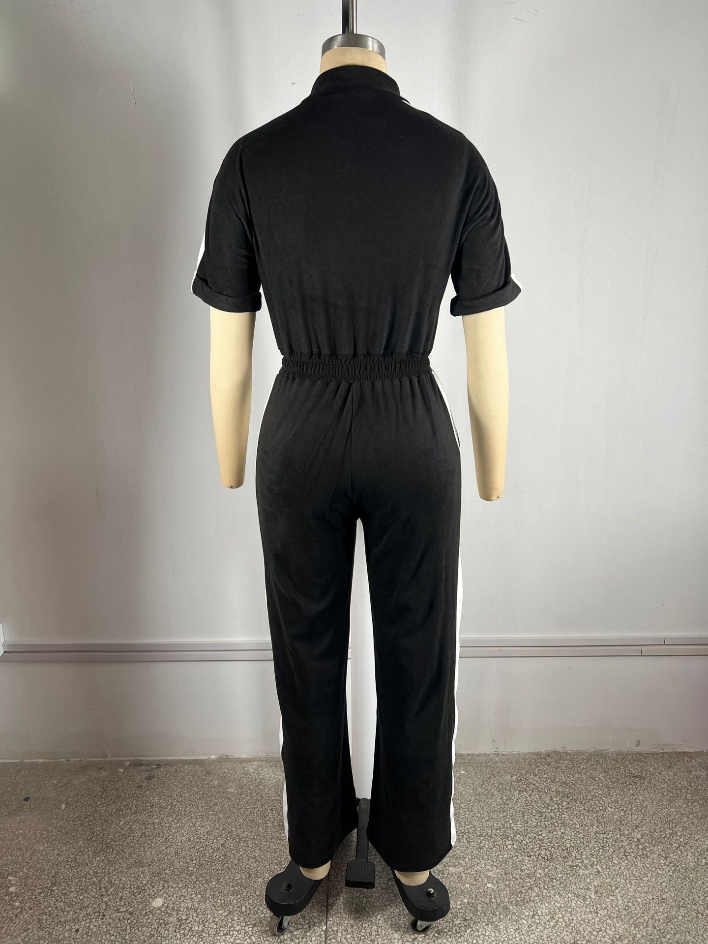 Women's Denim Patchwork Color-Block Stand Collar Short Sleeve Long Zip Jumpsuit 13