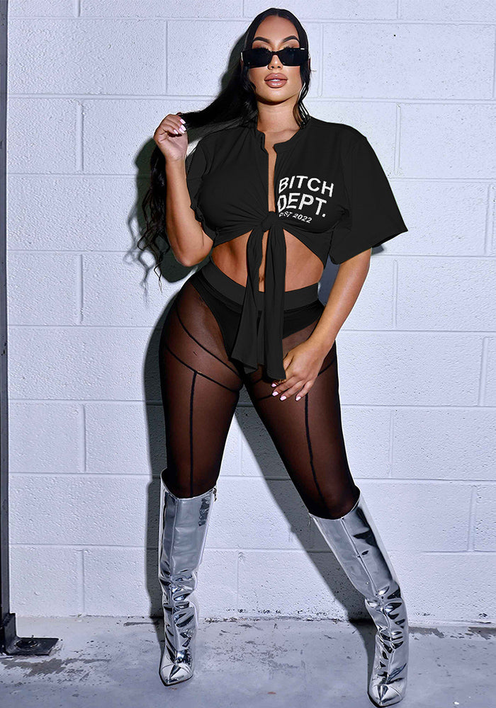 Fashion Sexy Lace-Up T-Shirt Mesh Pants Two-Piece Set