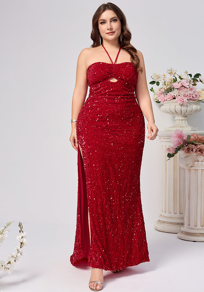 Plus Size Women Fashion Sexy Halter Neck Slit Red Sequin Evening Dresses