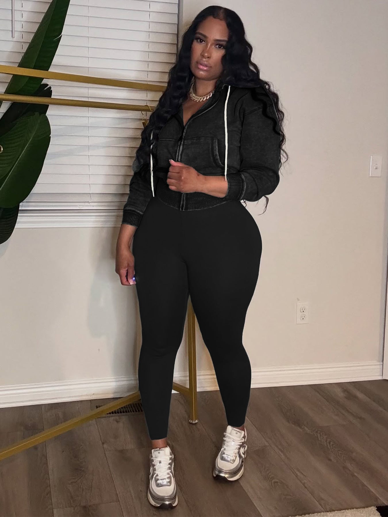 Fashion Women's Washed Zipper Hooded Top Yoga Pants Sport Casual Two-Piece Set 15