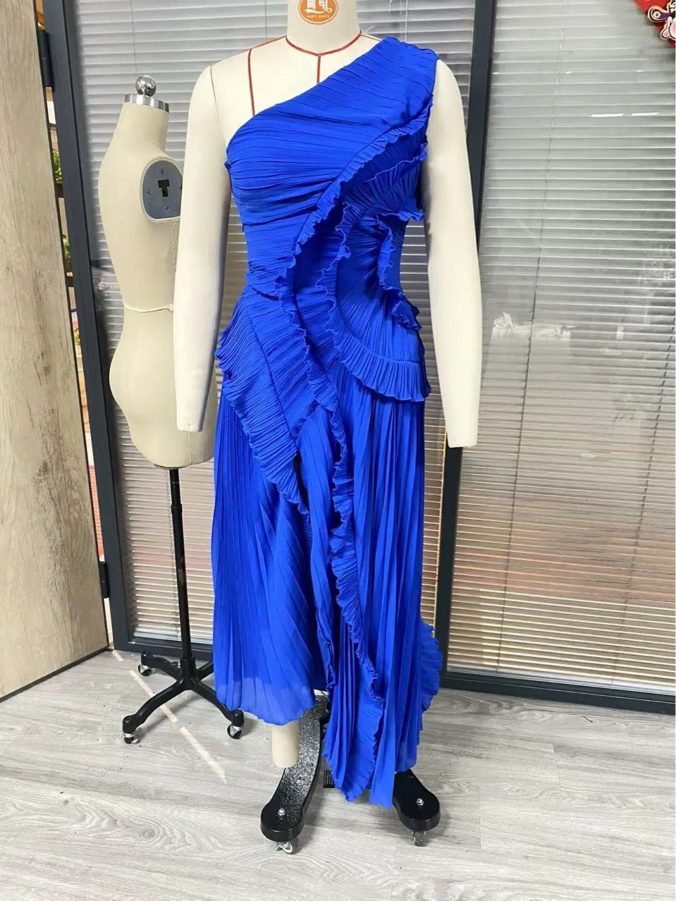 Women Ruffle Halter Neck Holiday Summer Irregular Pleated Dress