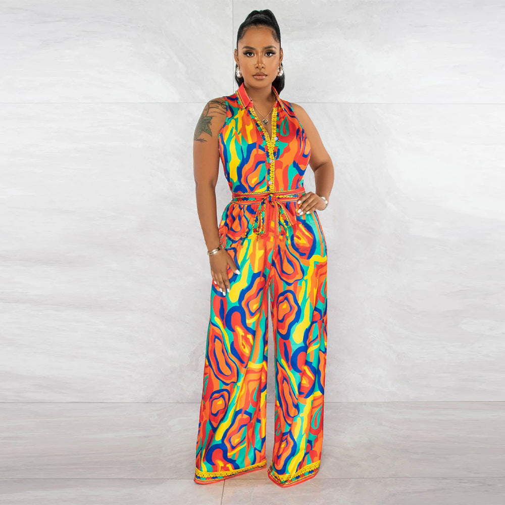 Women's Summer Print Sleeveless V Neck Wide Leg Jumpsuit 6