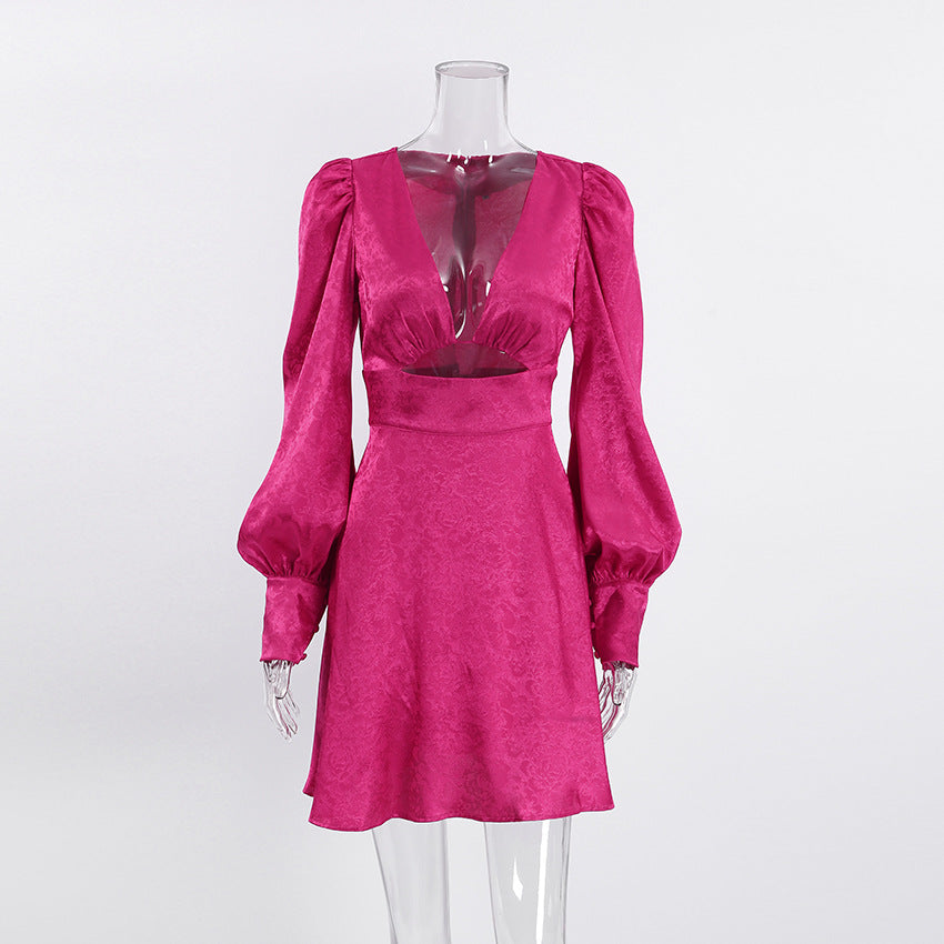 Autumn V-Neck Cut-Out Jacquard Lantern Sleeve Short Dress 8