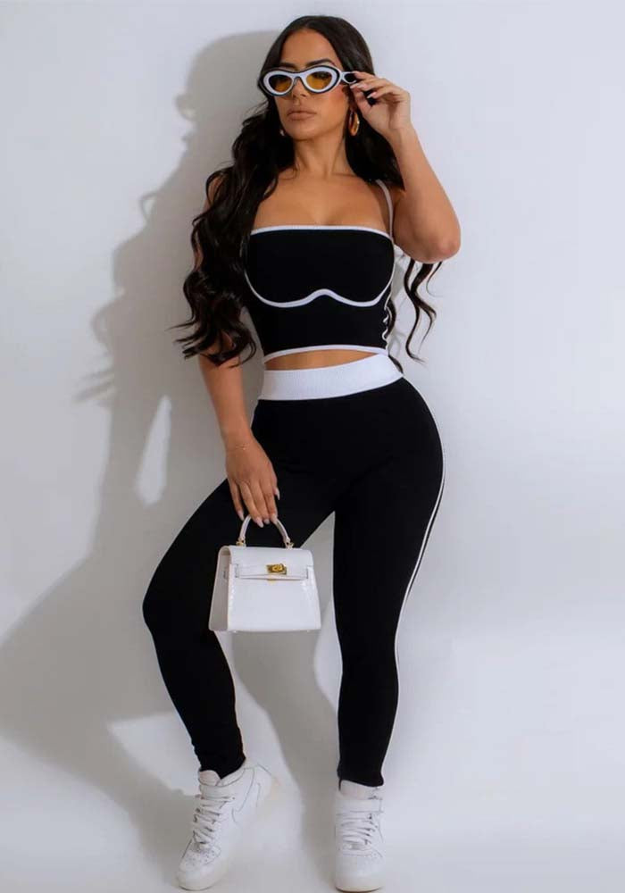 Women solid sexy suspender top pants two-piece set