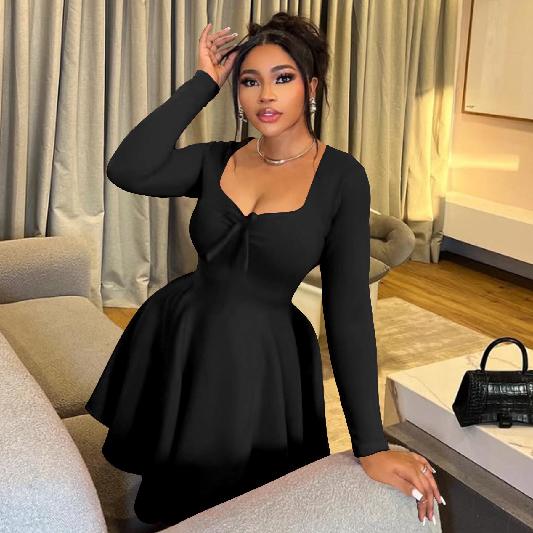 Summer Plus Size Women's Sexy Slim Waist Long Sleeve Dress 3