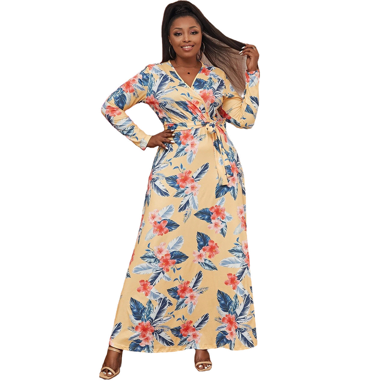 Spring And Summer Plus Size Floral Printed Long Sleeve Wrap Women's Maxi Dress 7