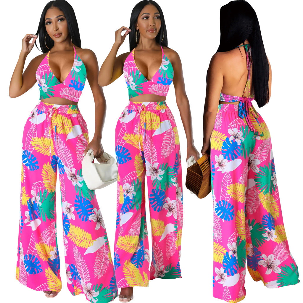 Women Sexy Printed Suspender Lace-Up Top and Pant Two-piece Set 3