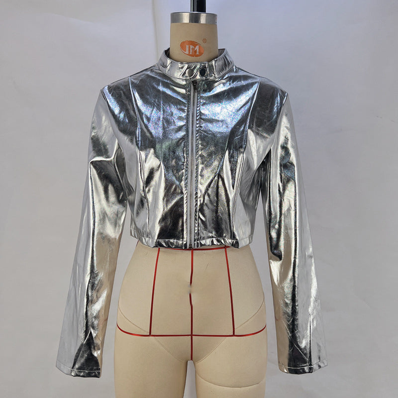 Women Pu Metallic Stand Collar Zip Jacket 8