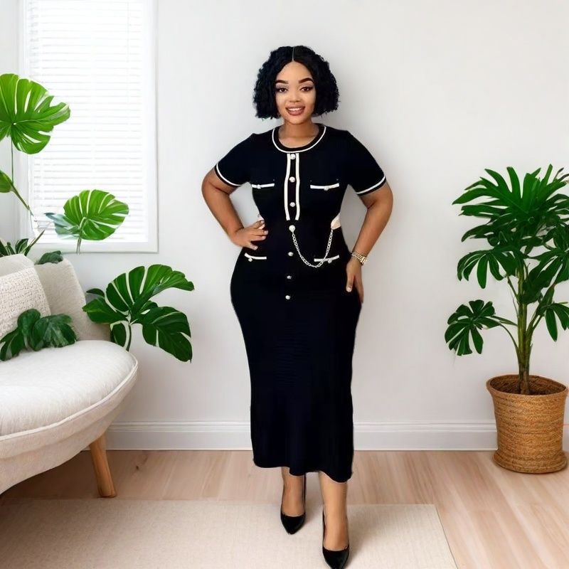 French Elegance Chic Fitted Round Neck Short-Sleeve Gold Button Knit Dress