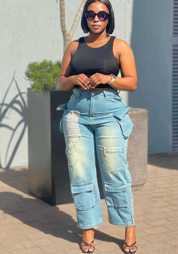 Women Trendy Cargo Denim Wide Leg Pants