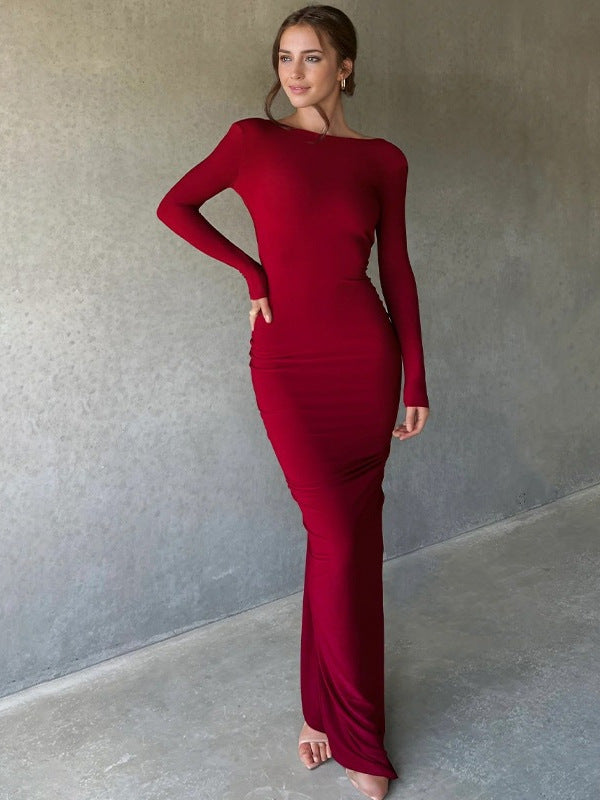 Women's Long-Sleeved Sexy Deep V-Neck Pleated Slim Long Dress 6