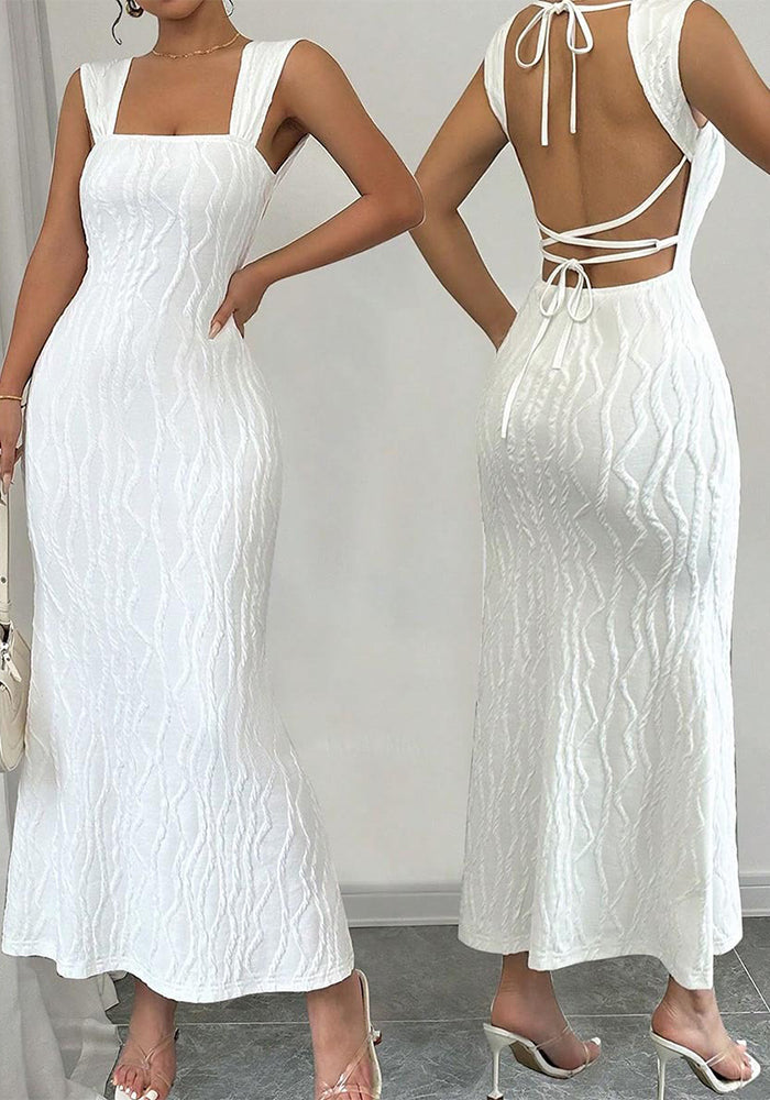 Striped Sexy Square Neck Strappy Low Back Long Dress