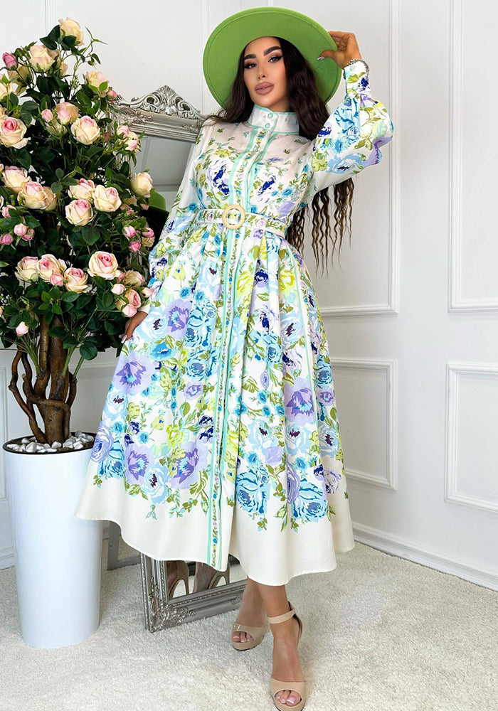 Fashion Chic Women's Spring & Autumn Long Sleeve Print Single-Breasted Slim Waist Long Dress With Belt