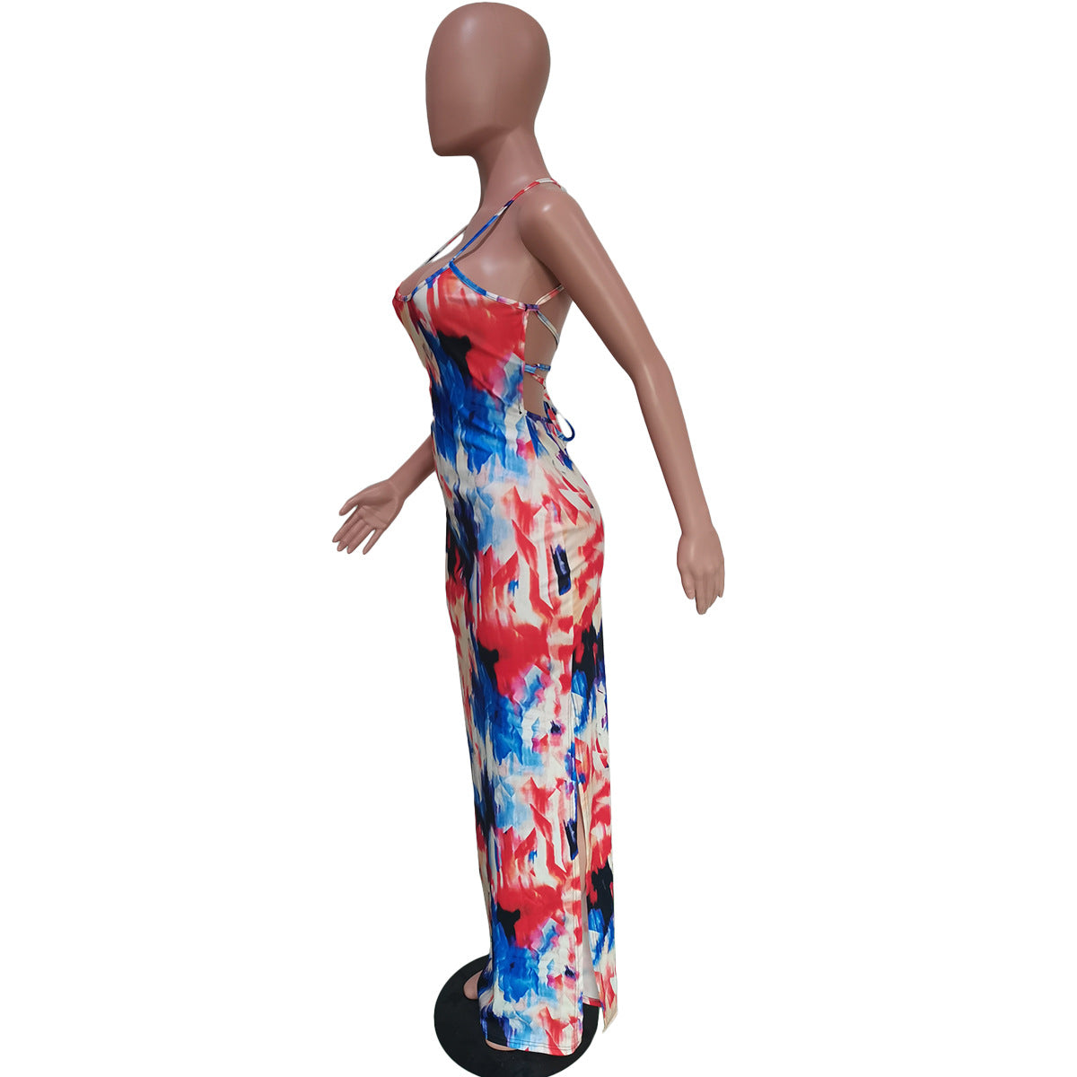 Women's Tie Dye Print Sling Low Back Slit Dress 16