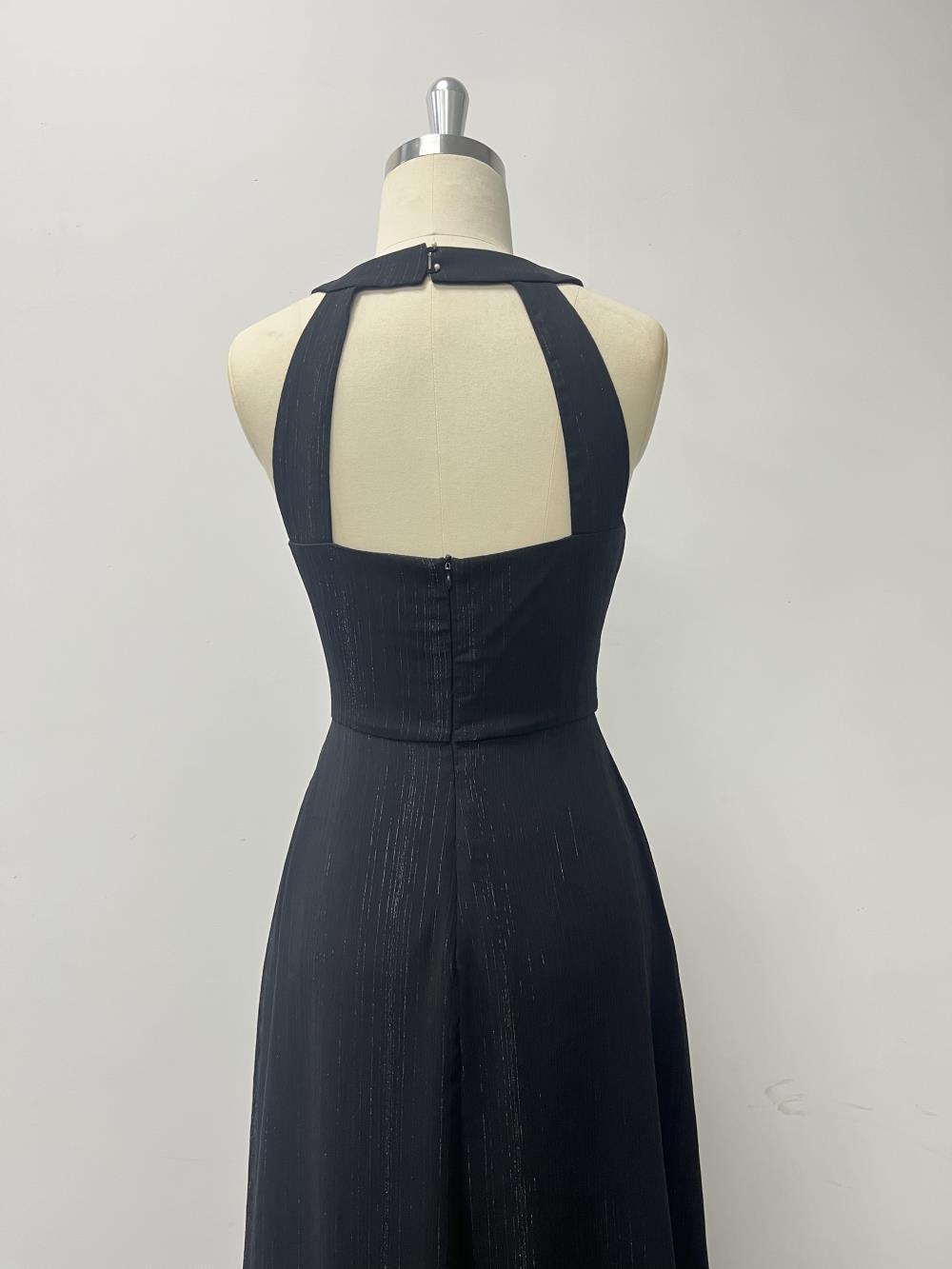 Halter Neck Low Back Pleated Slim Waist Formal Party Black Evening Gown 12