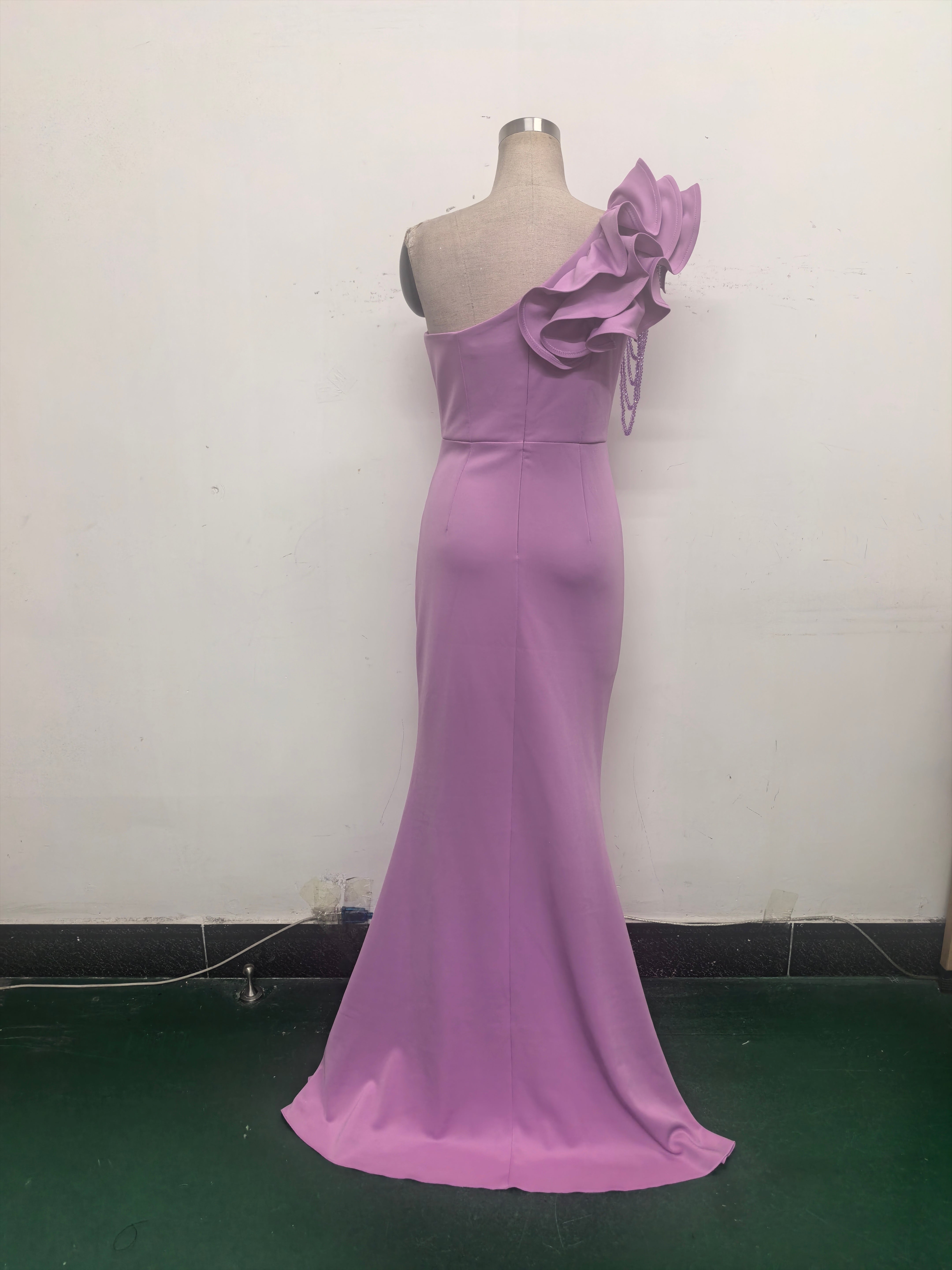 Women One-Shoulder Beaded Wool and Floral Satin Slit Sexy Evening Dress 41