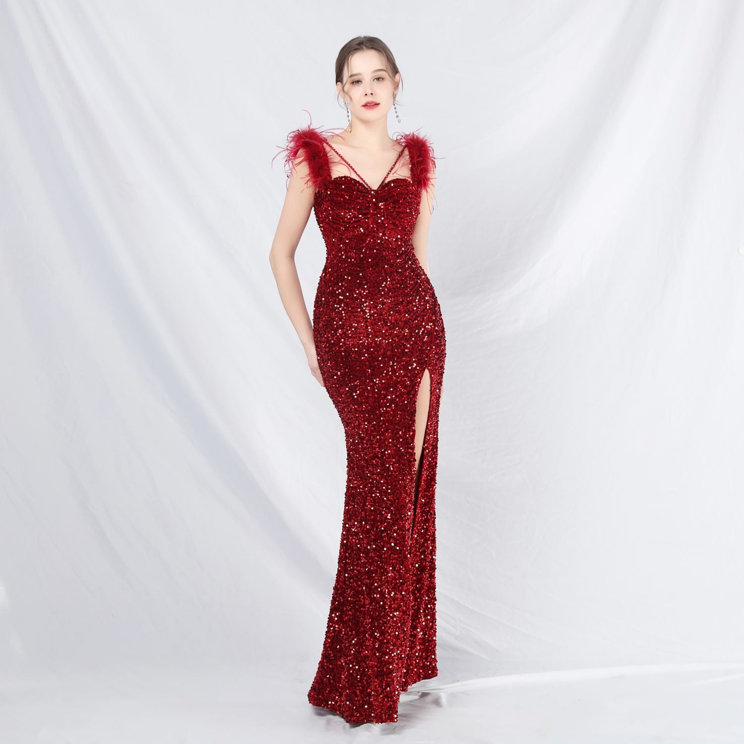 Feather Strap Sequined Long Evening Dress 11