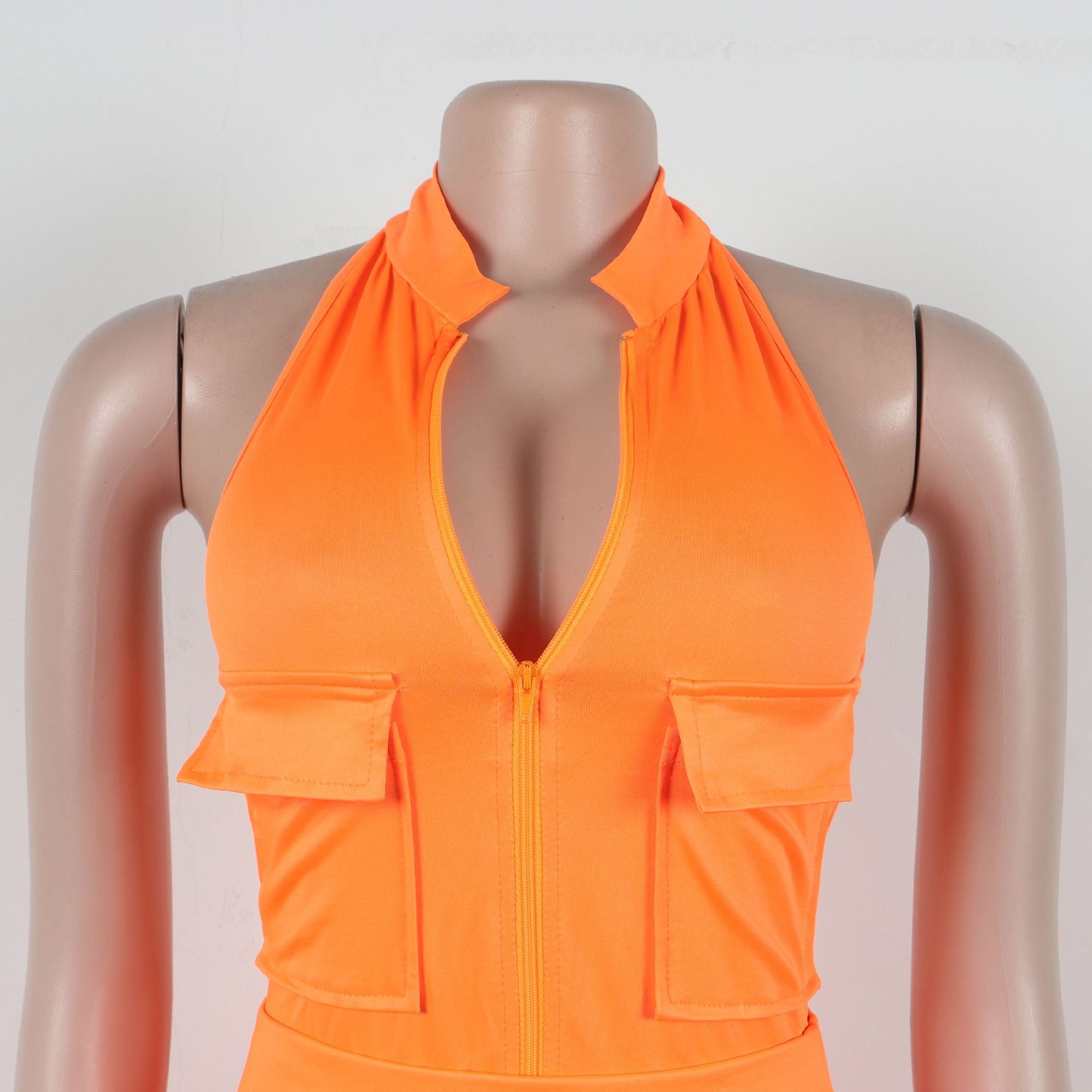 Summer Deep V-Neck Sleeveless Tight-Fitting Bodysuit Pocket Mesh Pants Set 35