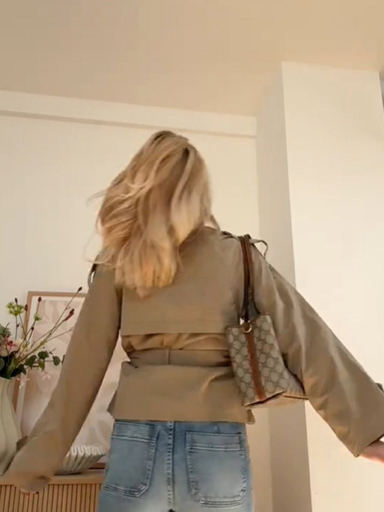 Women Fall Stand Collar Lace-Up Crop Jacket 3