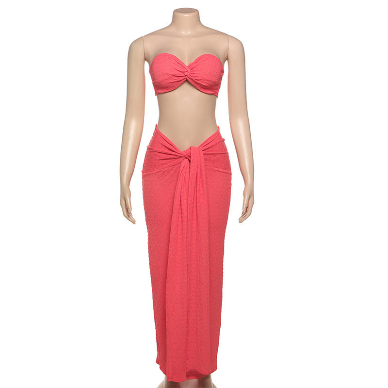 Women Summer Sexy Strapless Top and Long Skirt Two-Piece Set 3