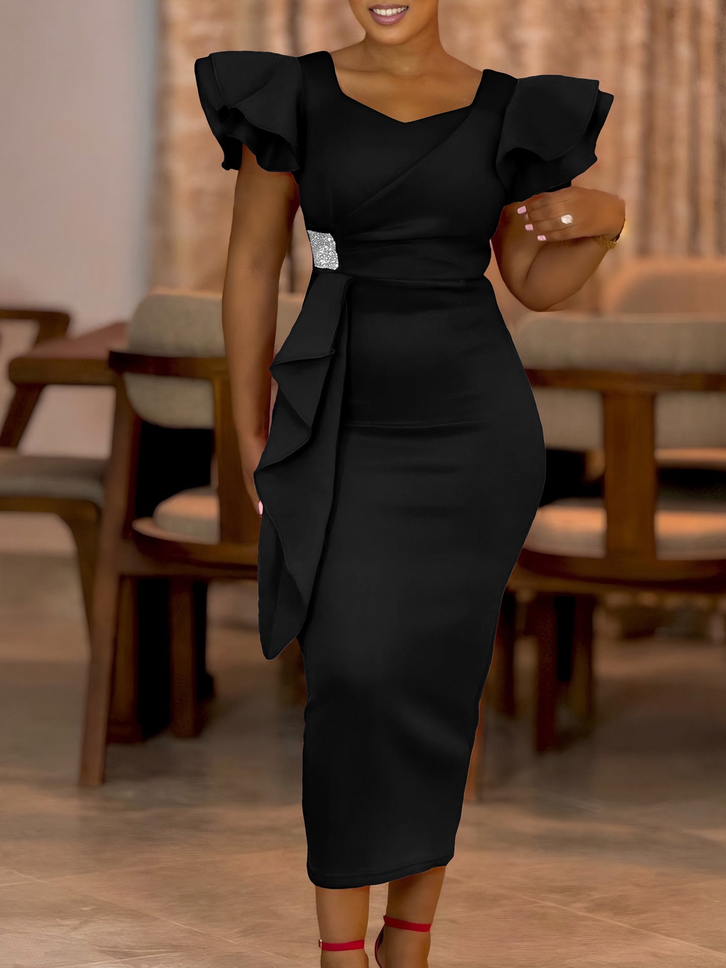 Women Elegant Ruffle Solid Bodycon Dress 7