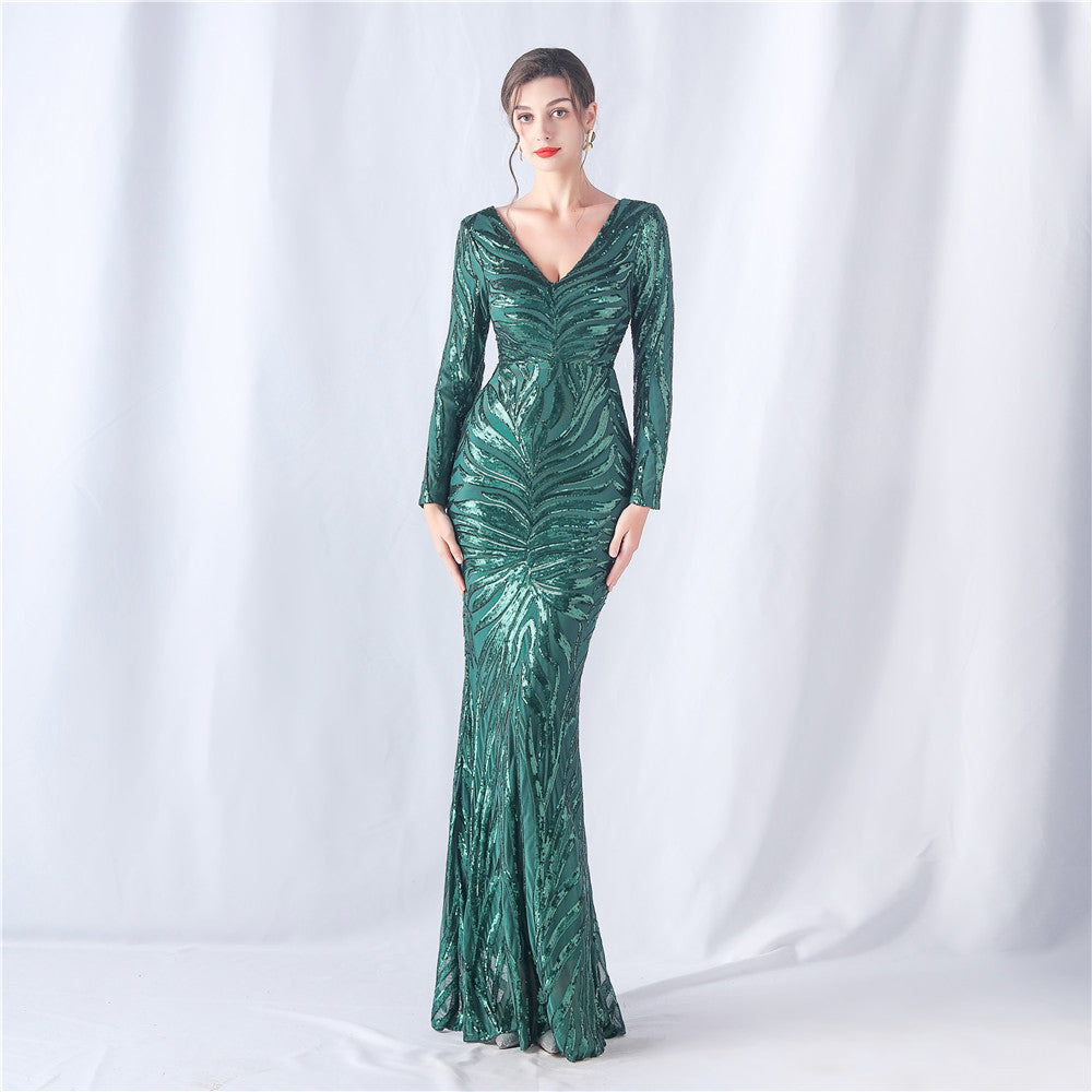 Women colorful sequined long-sleeved evening dress 18
