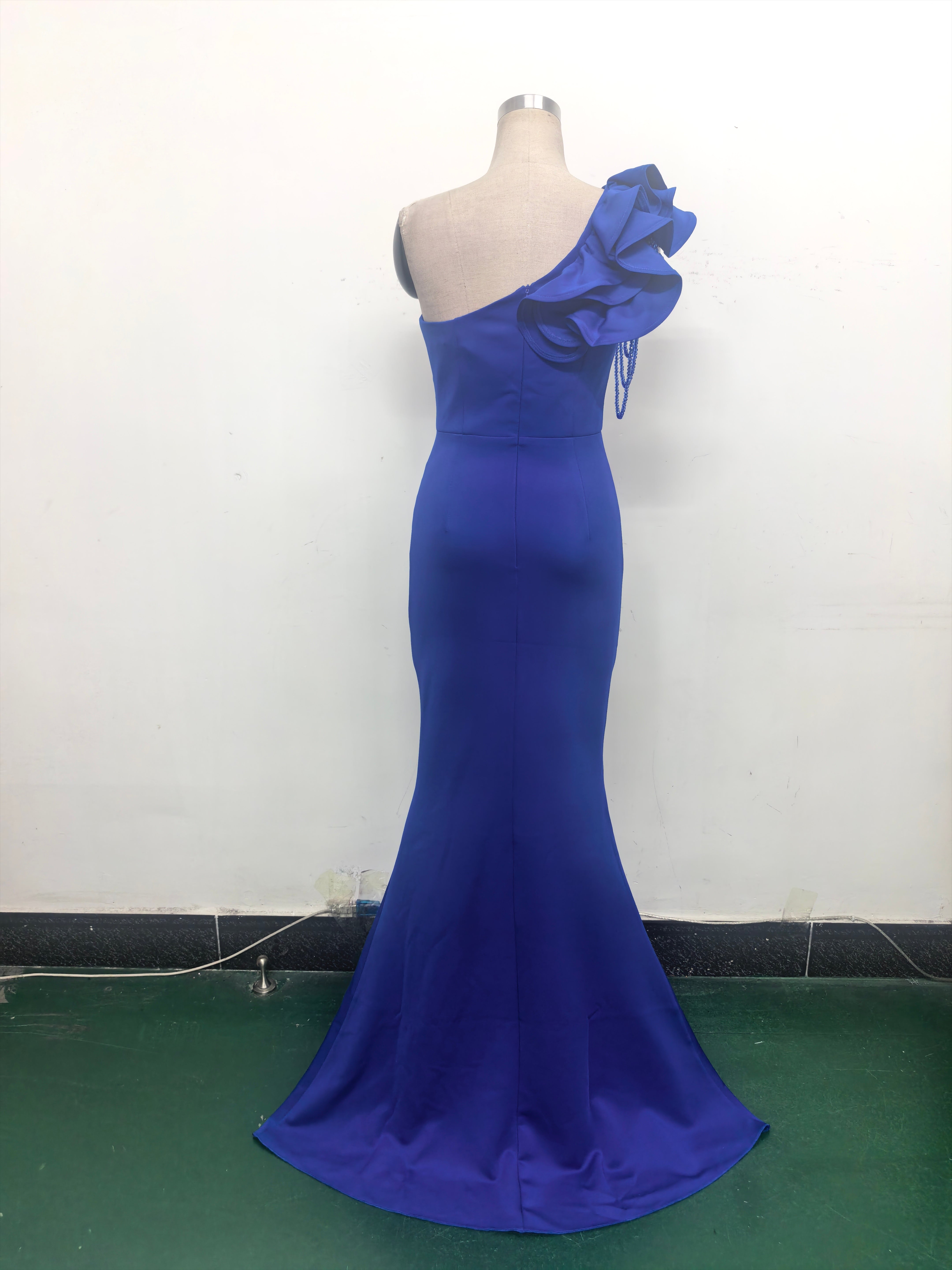 Women One-Shoulder Beaded Wool and Floral Satin Slit Sexy Evening Dress 27