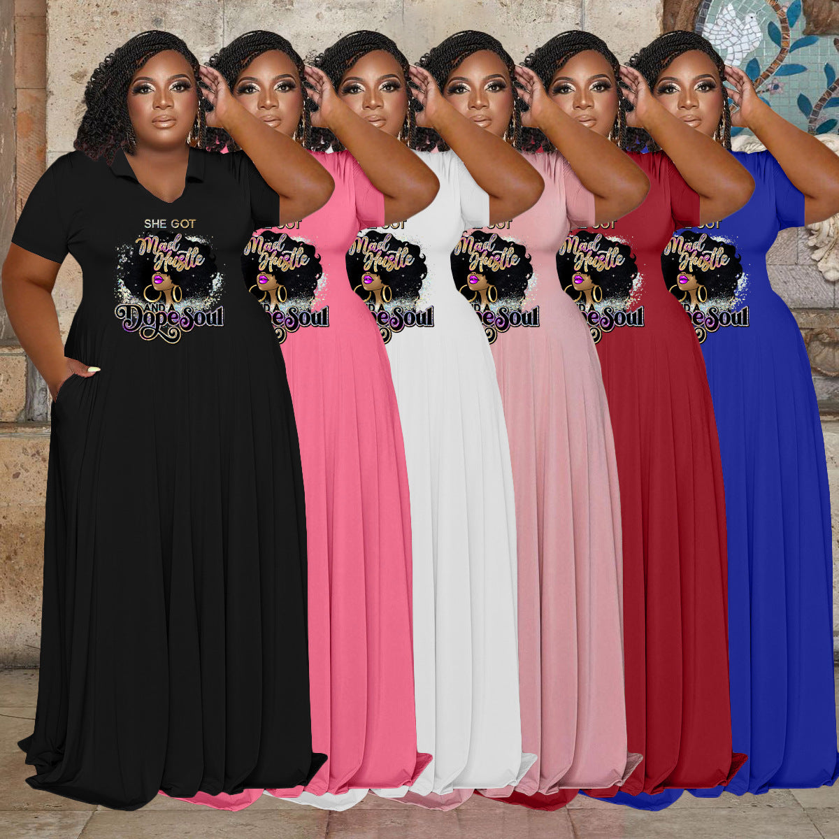 Plus Size Women Casual Turndown Collar Printed Short Sleeve Maxi Dress 6