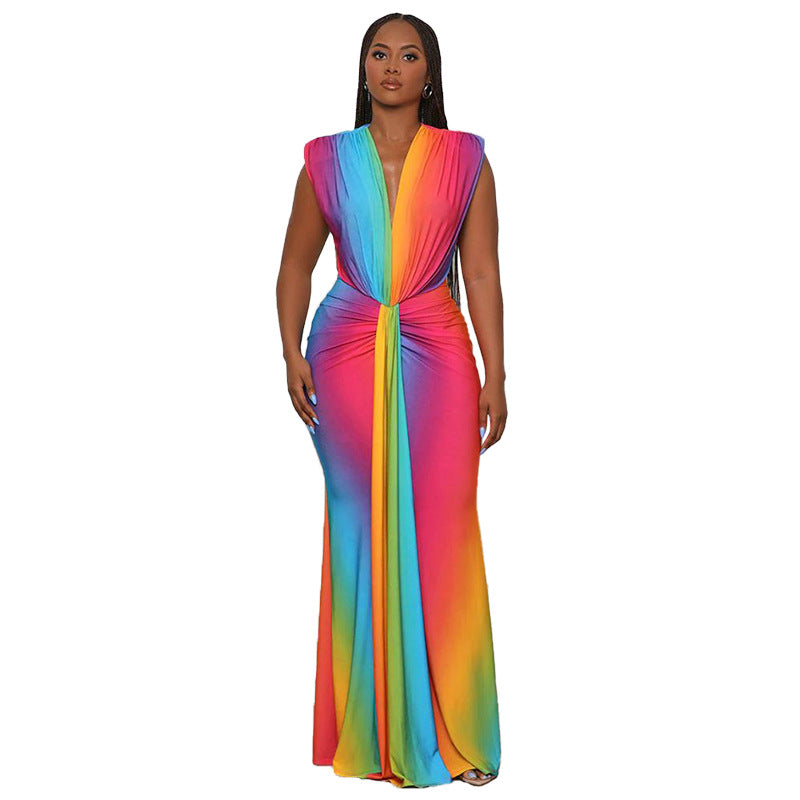 Fashion Women's Sleeveless Printed Sexy Deep V Slim Dress 9