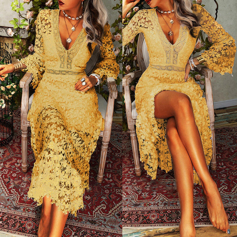 Autumn Women Sexy See-Through Lace Long-Sleeved V-Neck Long-Sleeved Dress 5