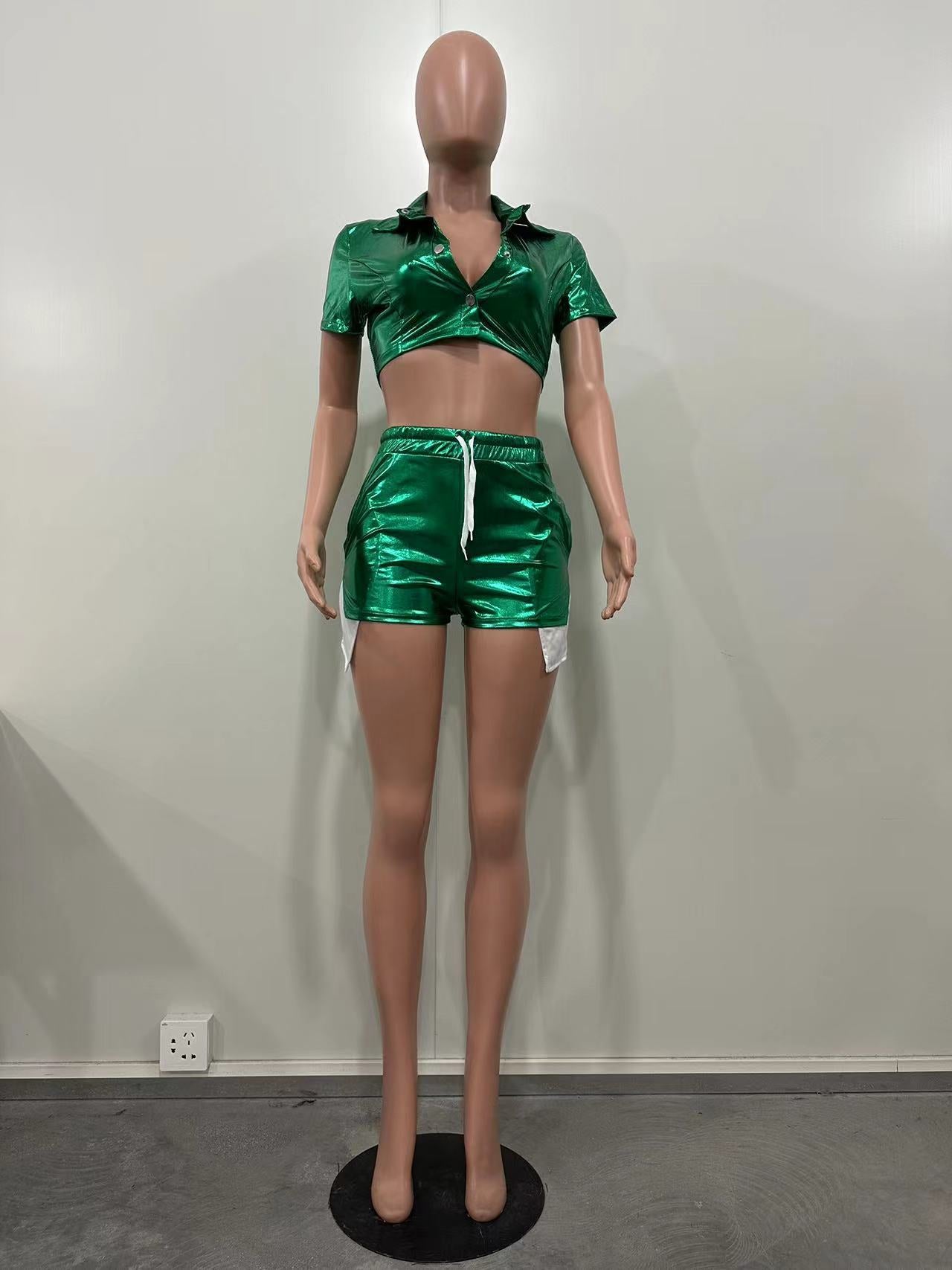 Women's Deep Pocket Slit Pu Leather Short Front Short Back Long Shorts Two-Piece Set 40