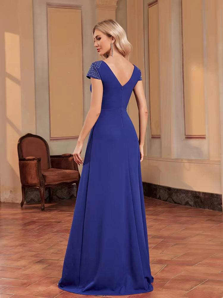 Women blue beaded long fishtail bridesmaid formal party evening dress 3